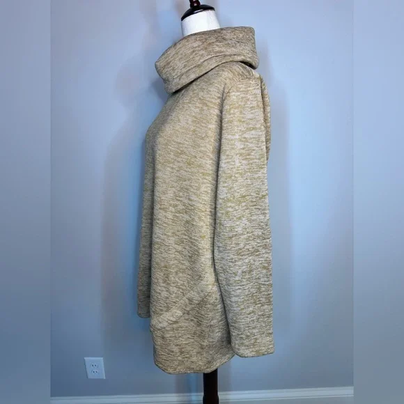 Sz M Lands' End camel tan heathered Sweater Fleece Tunic Cowl Neck Pullover - Picture 3 of 7